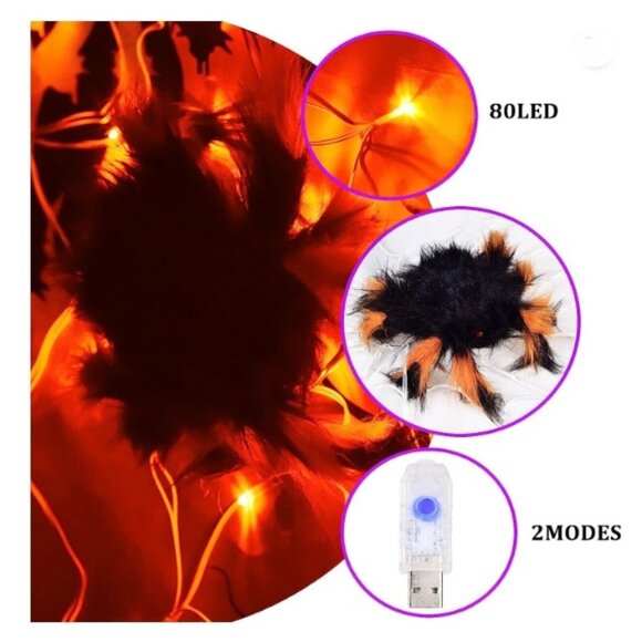 Halloween Spider Web Lights 80 LED Orange Lighted Spider Net with Creepy Spider - Picture 2 of 5